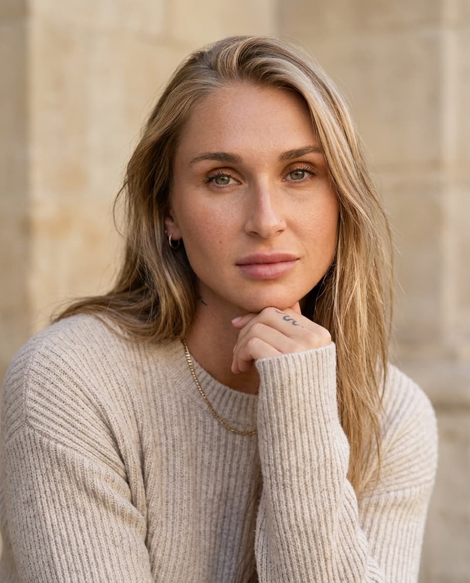 Warm portrait of Summer Loffler in a neutral knit, framed closely and calmly.