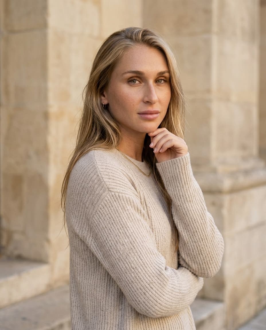Three-quarter portrait of Summer Loffler standing against stone architecture.