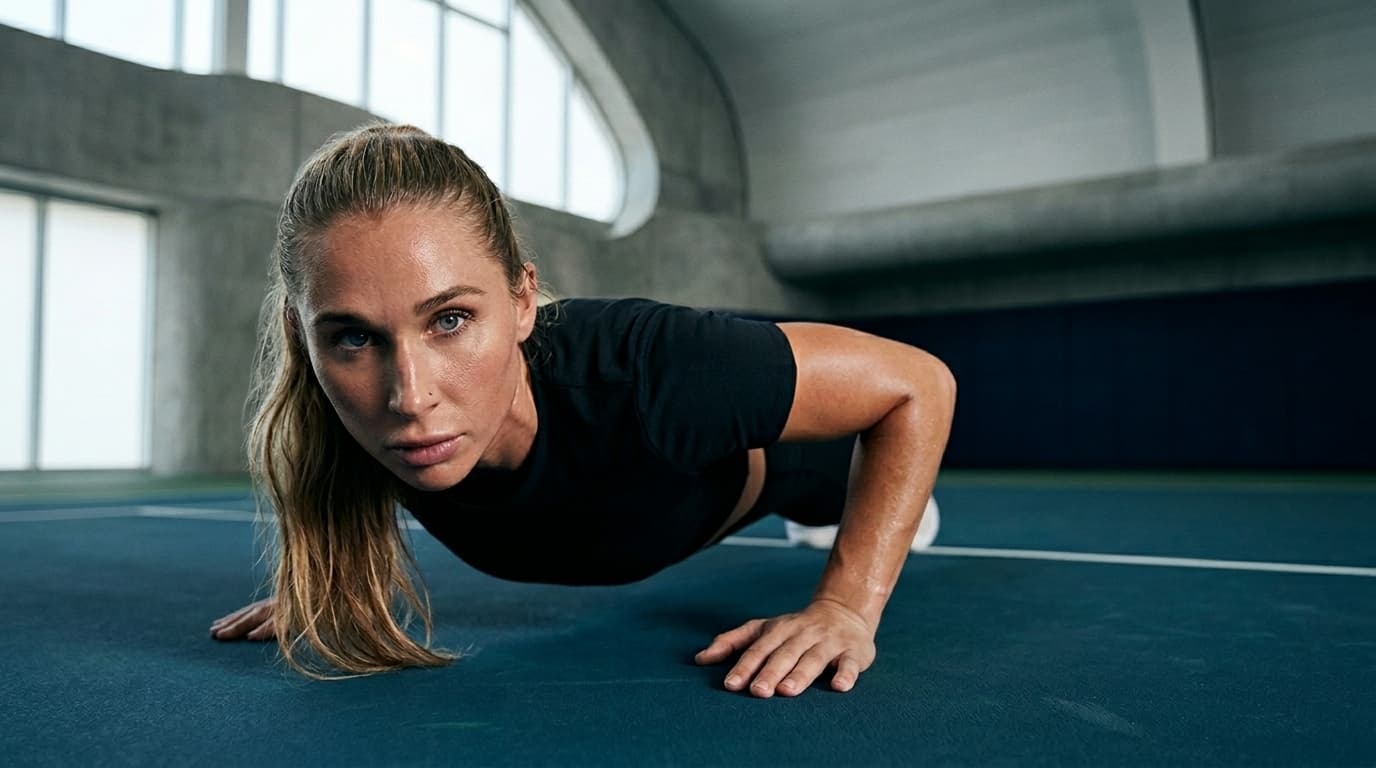 Summer Loffler performing a push-up on a court, showing strength and control.